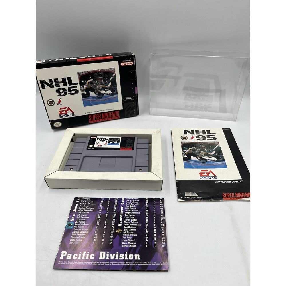 NHL '95 (SNES) Super Nintendo CIB Complete Box + Chart RARE With Protector Case